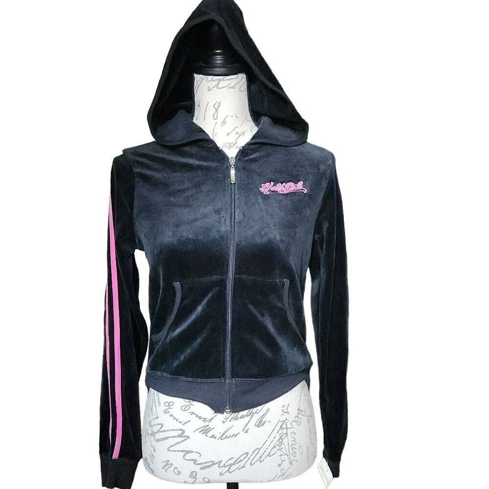 Hale Bob Ladies Size Small Black Pink Velvet Long Sleeve Full Zip Hoodie